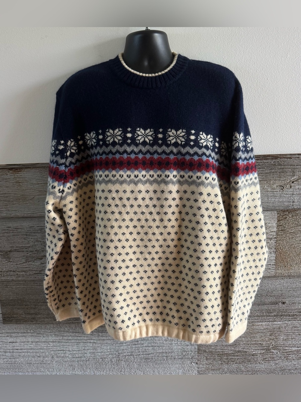 Vintage Lands’ End Fair Isle Wool Ski Sweater XL Nordic Made Hong Kong (N1)